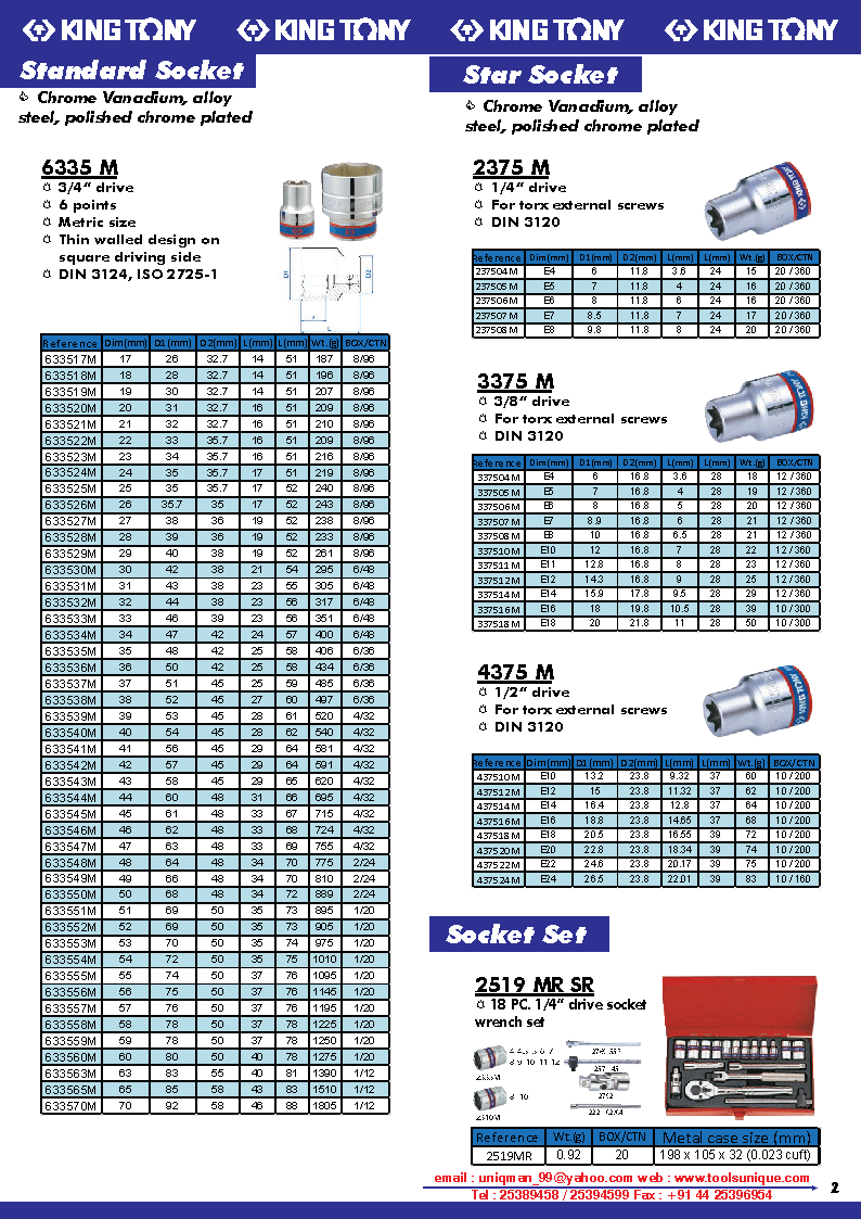 KING TONY STANDARD SOCKET, STAR SOCKET, SOCKET SET chennai