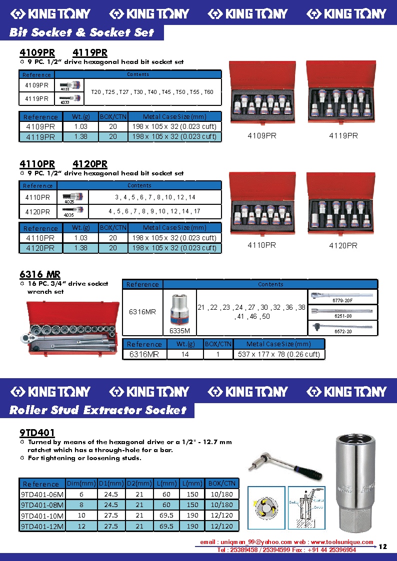 KING TONY BIT SOCKET AND SOCKET SET, ROLLER STUD, EXTRACTOR SOCKET