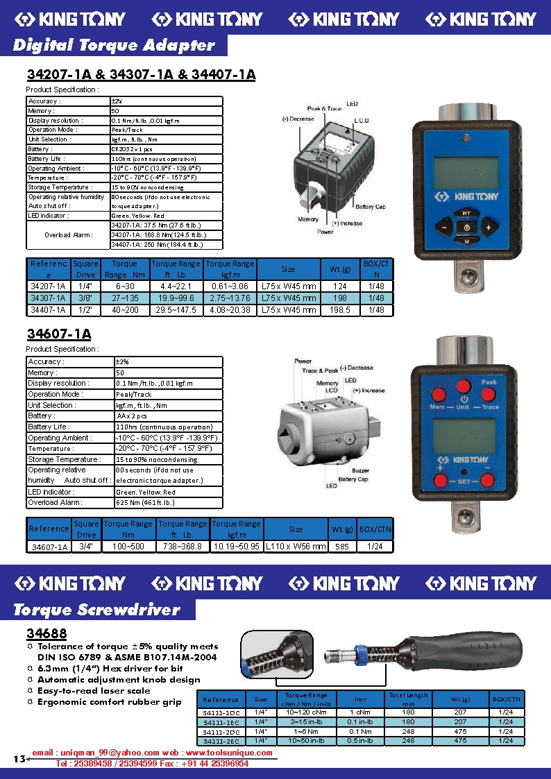 KING TONY DIGITAL TORQUE ADAPTER, TORQUE SCREW DRIVERS