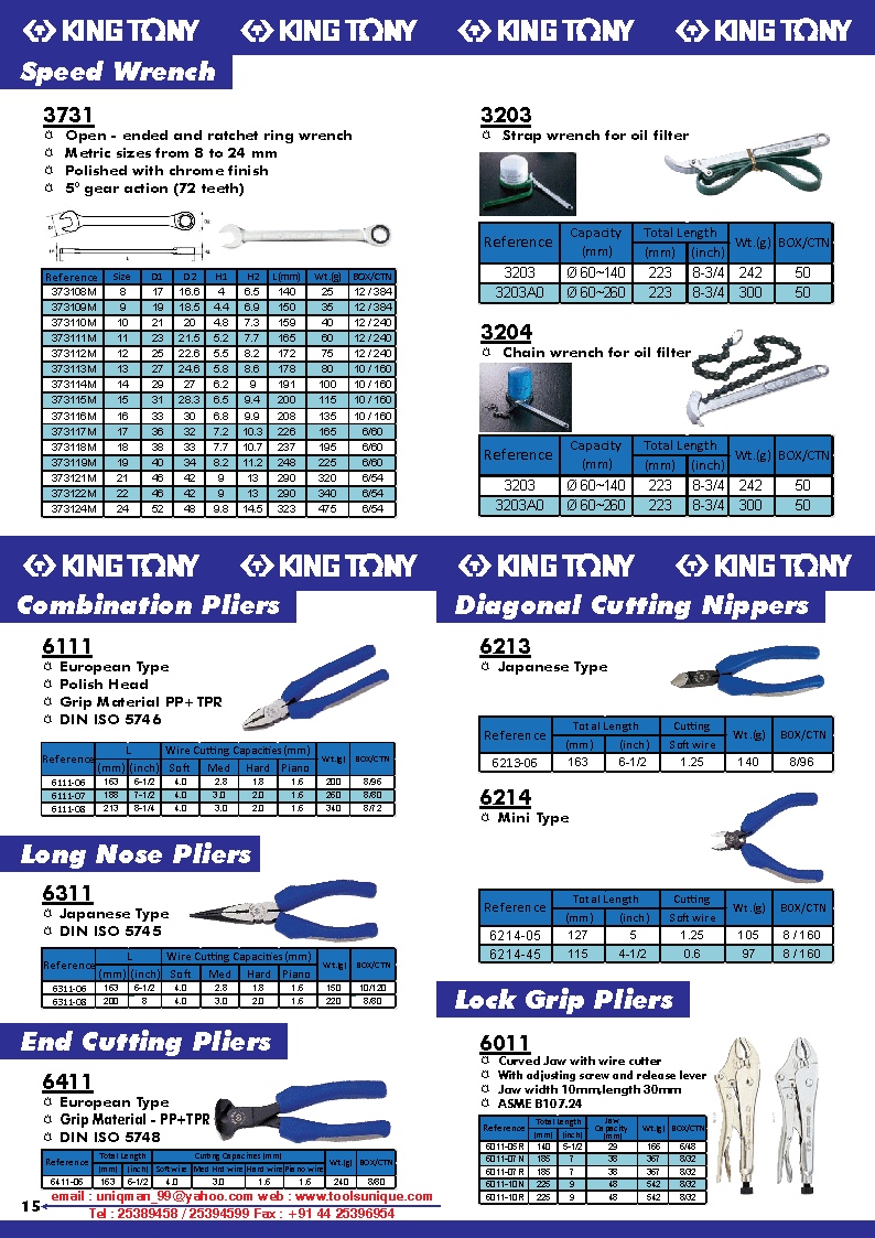 KING TONY  SPEED WRENCH, COMBINATION PLIERS, DIAGONAL CUTTING NIPPERS, LONG NOSE PLIERS,END CUTTING PLIERS, LOCK GRIP PLIERS