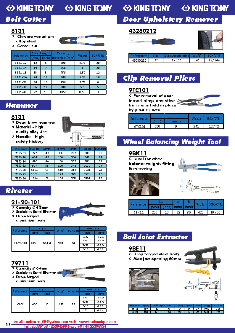 KING TONY BOLT CUTTER, HAMMER, RIVETER, DOOR UPHOLSTERY REMOVER, CLIP REMOVAL PLIERS, WHEEL BALANCING WEIGHT TOOL, BALL JOINT EXTRACTOR