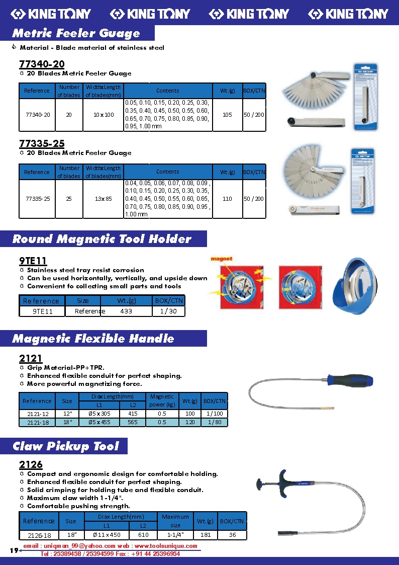 KING TONY METRIC FEELER GAUGE, ROUND MAGNETIC TOOL HOLDER, MAGNETIC FLEXIBLE HANDLE, CLAW PICKUP TOOL