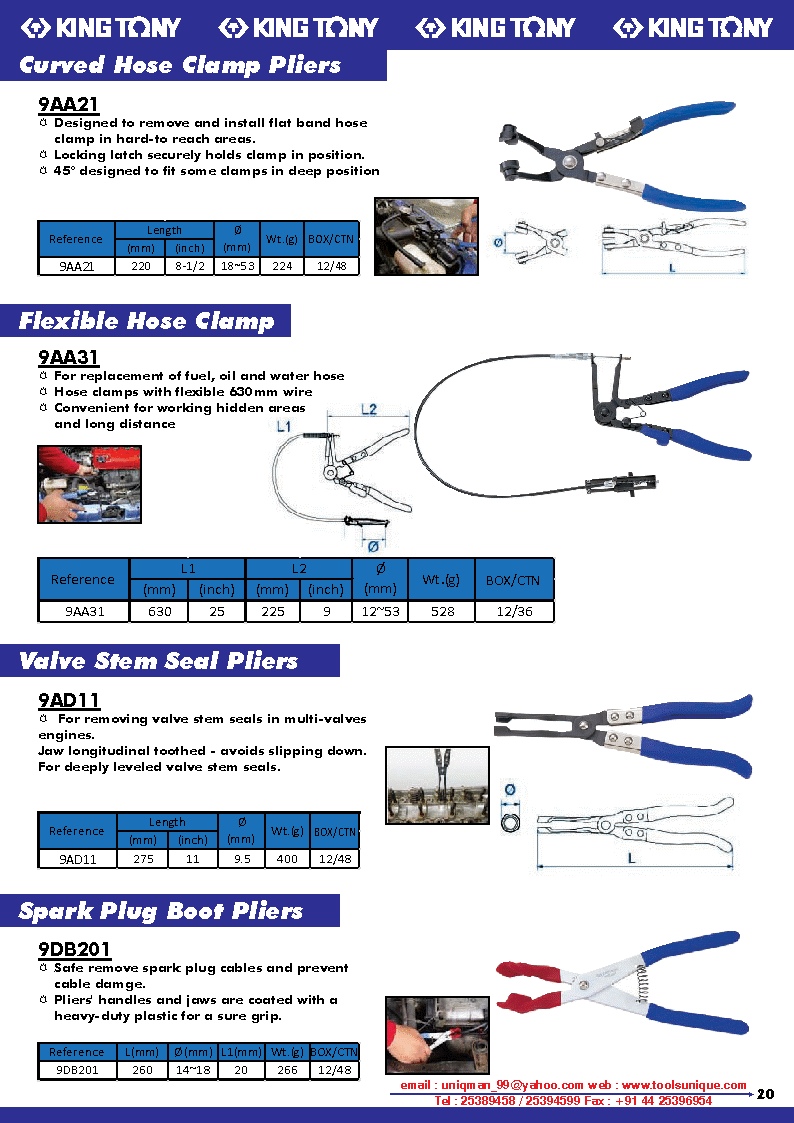 KING TONY CURVES HOSE CLAMP PLIERS, FLEXIBLE HOSE CLAMP, VALVE STEM SEAL PLIERS, SPARK PLUG BOOT PLIERS