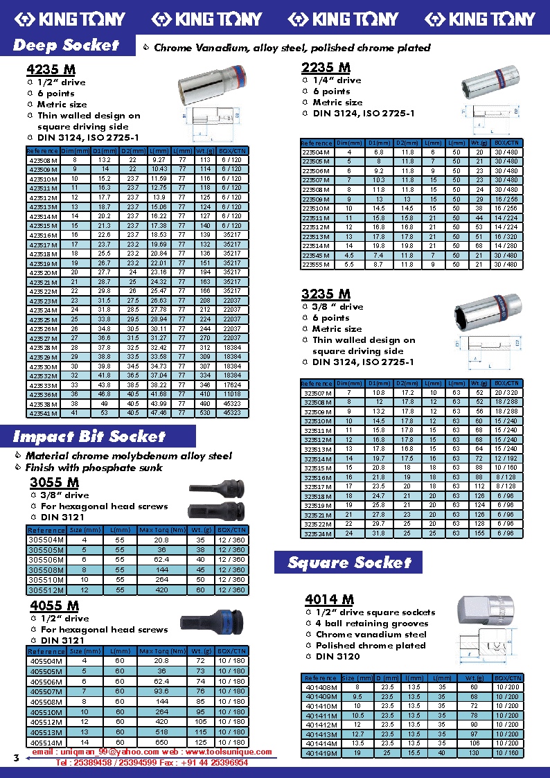 KING TONY DEEP SOCKET, IMPACT BIT SOCKET, SQUARE SOCKET