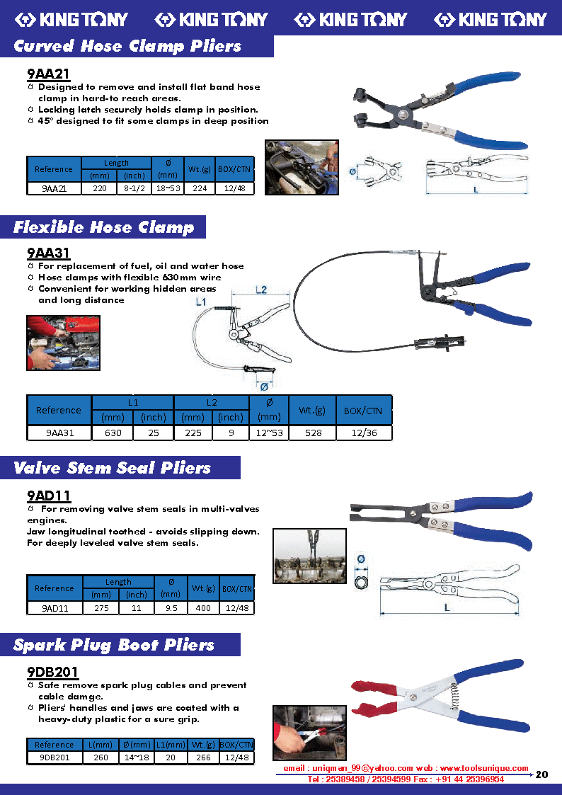 KING TONY CURVES HOSE CLAMP PLIERS, FLEXIBLE HOSE CLAMP, VALVE STEM SEAL PLIERS, SPARK PLUG BOOT PLIERS